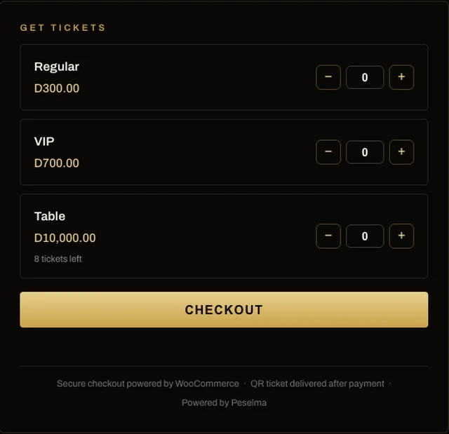 The Get tickets panel on an event page: Regular D300, VIP D700 and Table D10,000 with quantity steppers, stock left, and a Checkout button