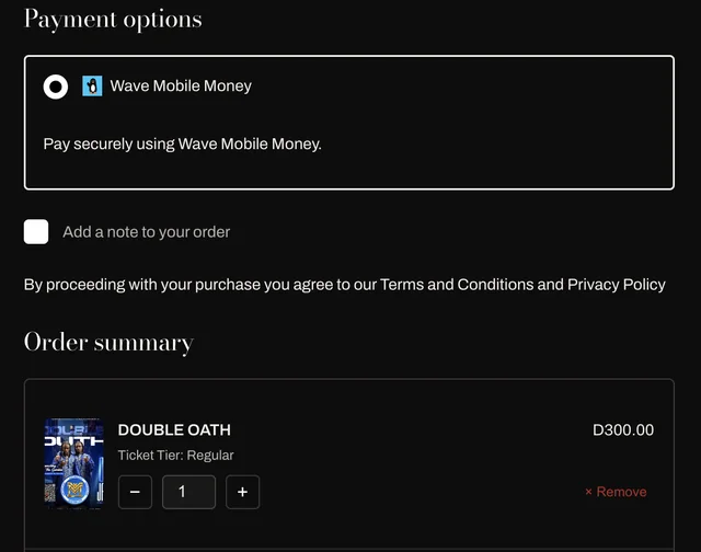 Motherland's checkout on a phone: Wave Mobile Money selected as the payment option, and one Regular ticket for Double Oath at D300 in the order summary