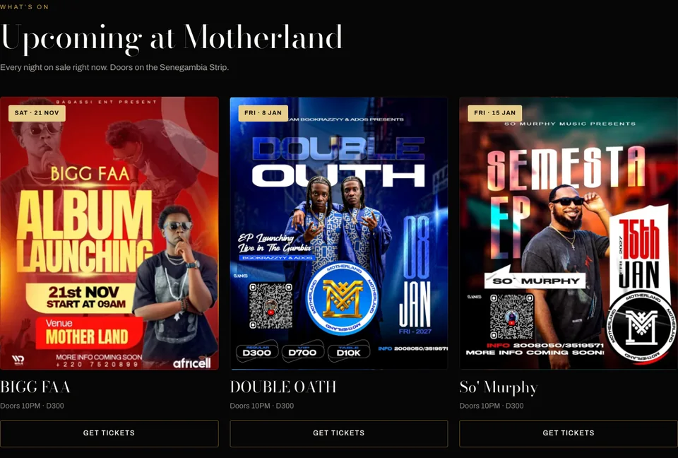 Motherland Events Center's events page: three upcoming nights, each with its poster, door time, price and a Get tickets button