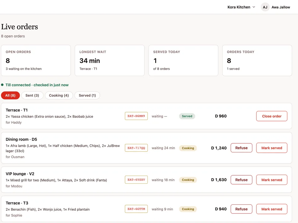 The Live orders screen in the Mangfa back office: eight open orders by table, each marked sent, cooking or served