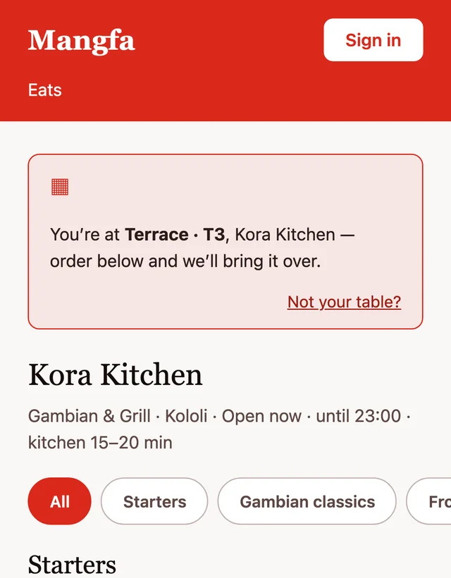 The guest menu on a phone: 'You're at Terrace T3, Kora Kitchen, order below and we'll bring it over', with the menu categories