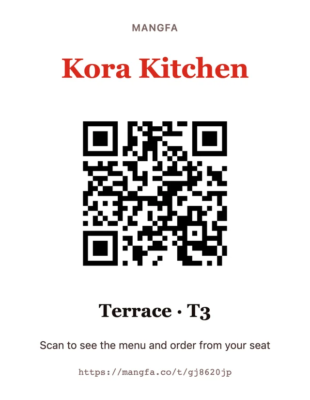 A Mangfa table card for Kora Kitchen, Terrace T3, with a QR code and the words 'Scan to see the menu and order from your seat'