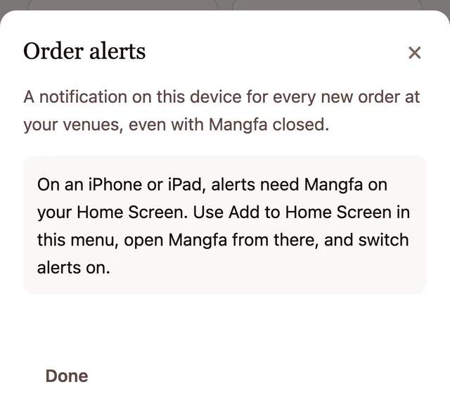 An Order alerts sheet on a phone: a notification on this device for every new order, even with Mangfa closed