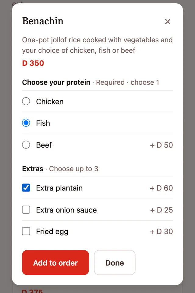 A dish sheet for Benachin: choose your protein, pick up to three extras, the price updates, Add to order