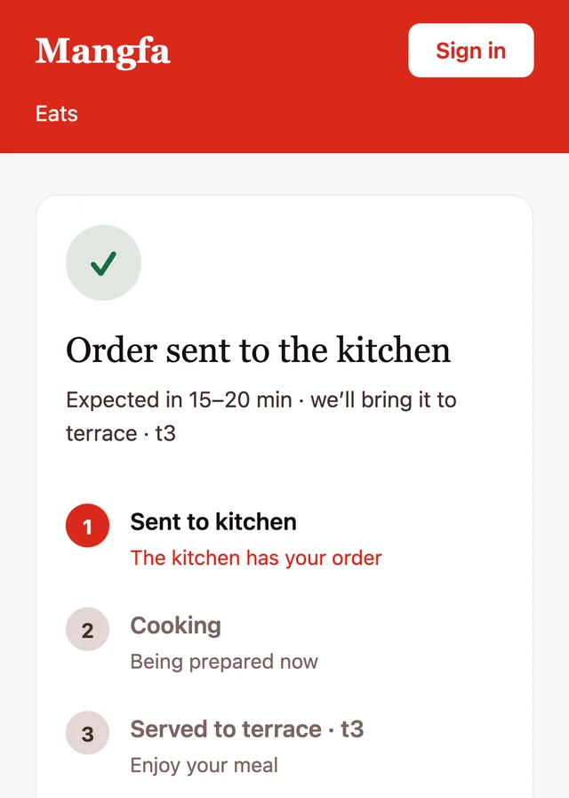 'Order sent to the kitchen' on the guest's phone, with the three stages: sent, cooking, served to Terrace T3