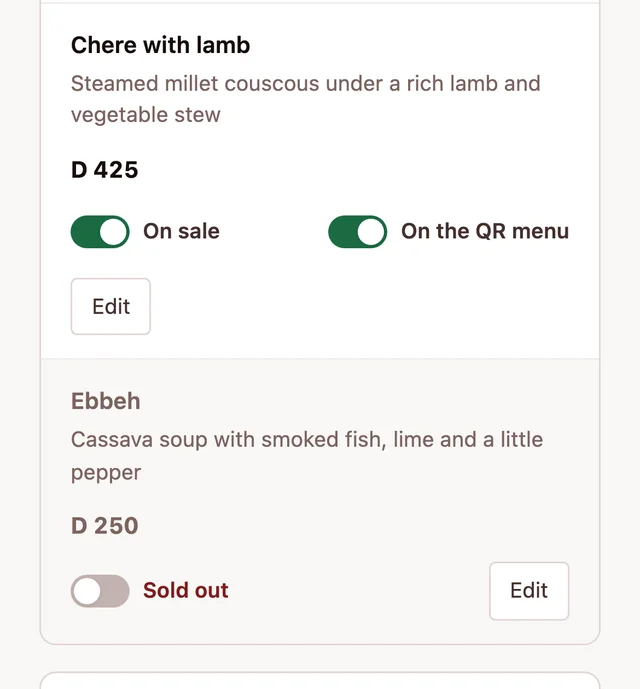 The menu editor on a phone: dishes with On sale and On the QR menu switches, and Ebbeh marked Sold out