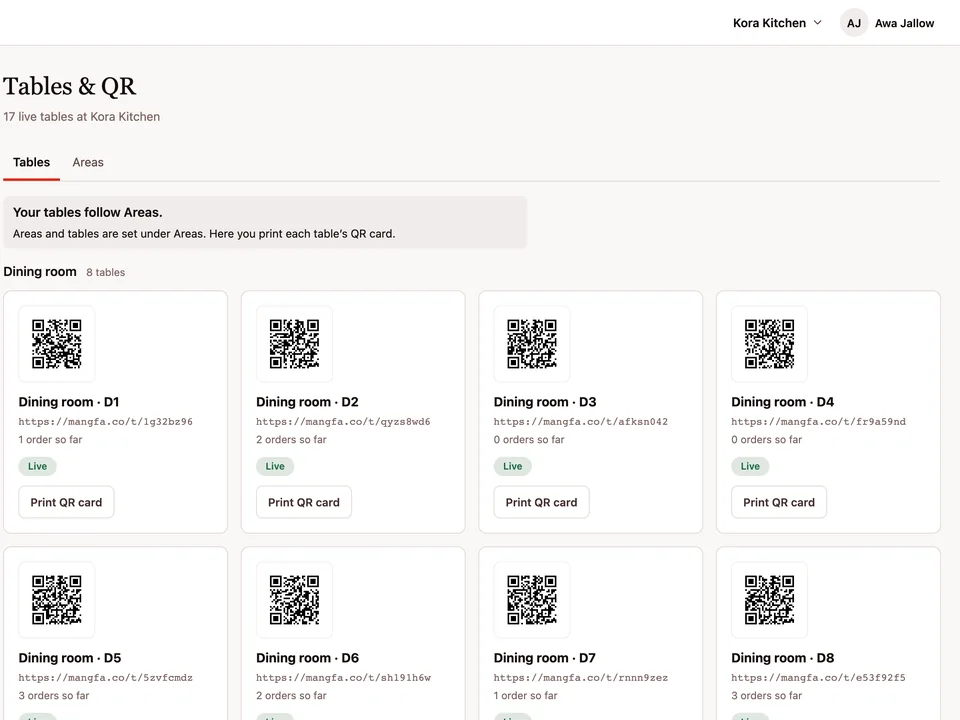 The Tables and QR screen in the back office: a grid of tables, each with its QR code, link and order count, and a Print QR card button