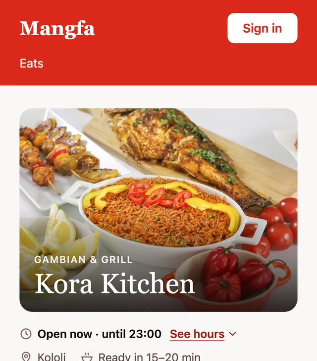 Kora Kitchen's page on a phone: a photo of benachin with grilled fish, 'Open now until 23:00', Kololi, ready in 15 to 20 minutes
